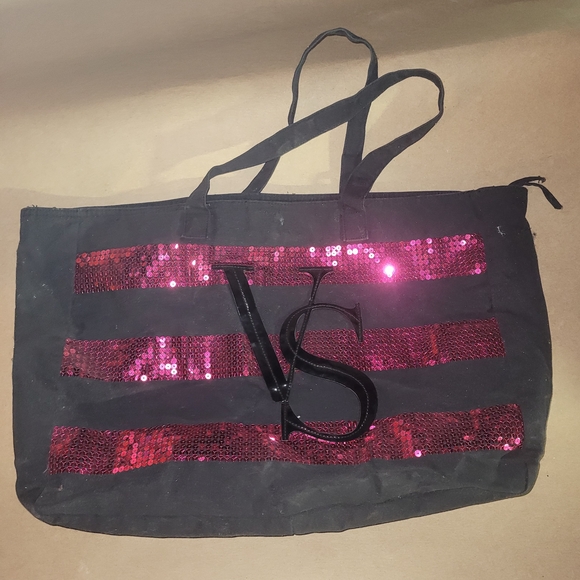 Victoria's Secret Black Tote with Pink Sequin Stripes - Picture 1 of 3
